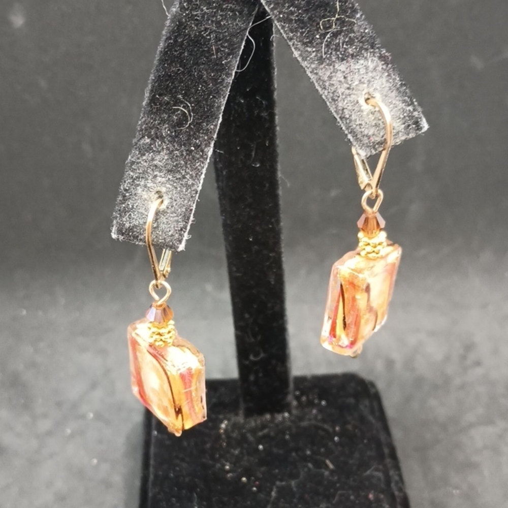 Square Gold and Orange Drop Earrings